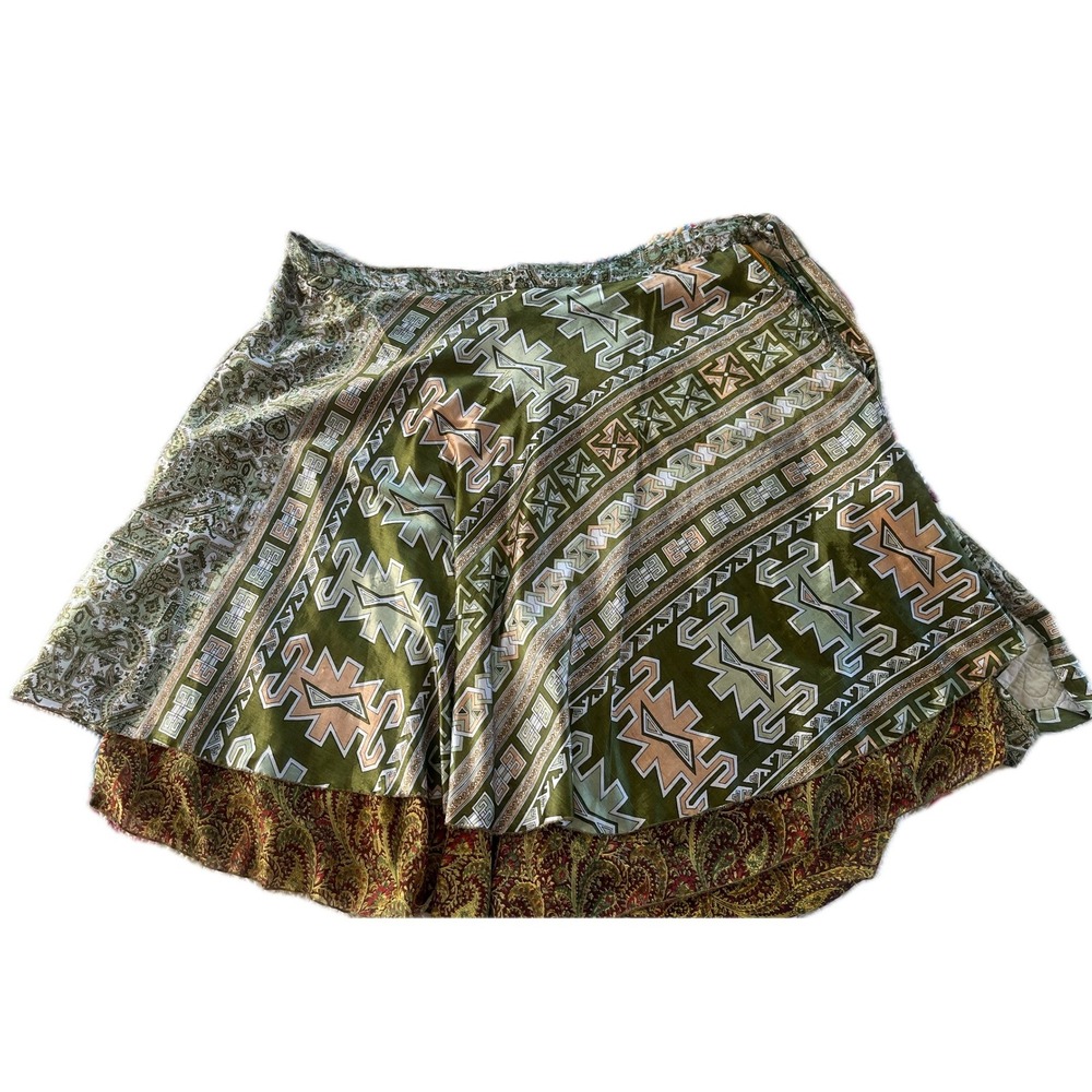 Vintage 70s Reversible Silk Wrap Skirt Green Paisley Geometric Boho Midi Hippy